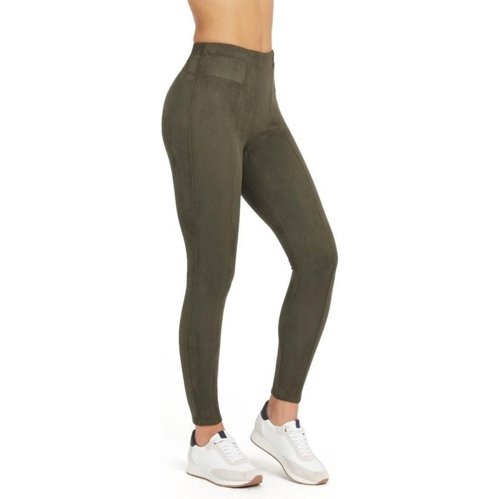 Spanx Faux Suede Legging Pants Womens Medium Dark Olive Seamed Shaping High Rise